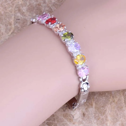 Luckacco Attractive Multigem Multicolor Cubic Zirconia Silver Plated Link Chain Bracelet 7 inch S0516