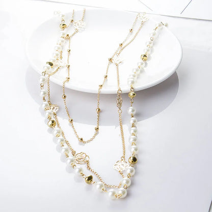 Luckacco FSUNION 2025 New Long Double Layer Simulated Pearl Necklace Women Sweater Chain  Female Collares Statement Jewlery Gifts