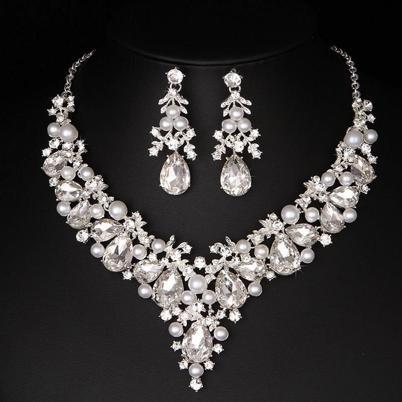 Delicate Simulated Pearl Necklace Earring For Brides Wedding Party Dress Jewelry Sets Women Festival Rhinestone Jewlery Gift - luckacco