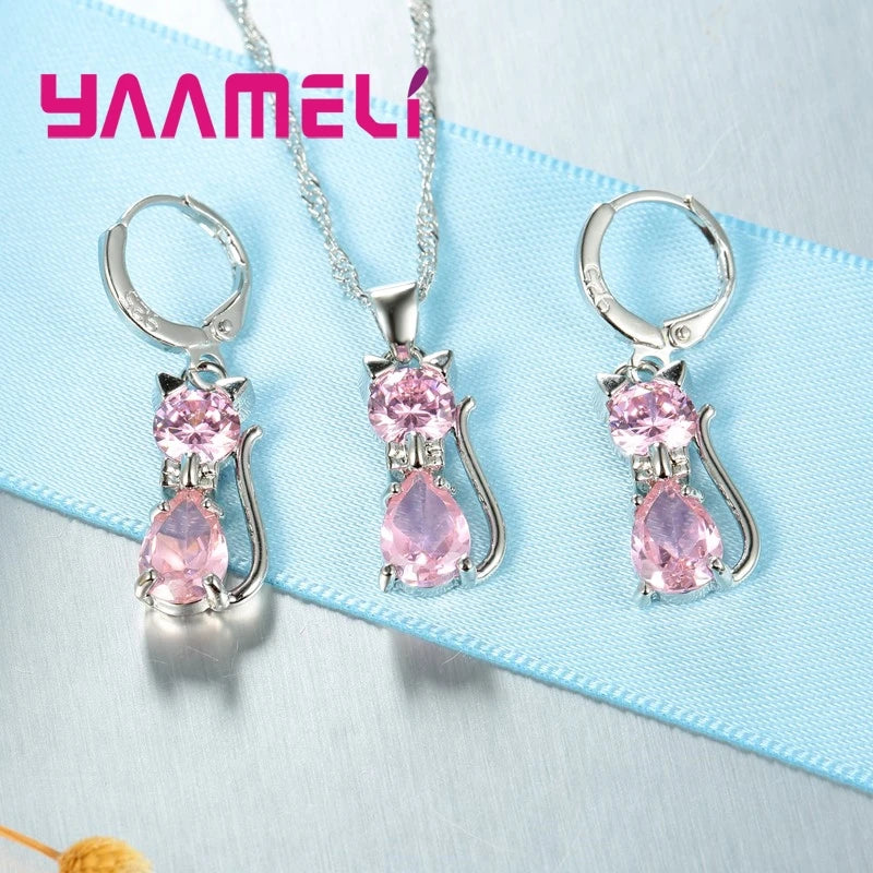 luckacco real 925 sterling silver color jewelry sets for woman girls shining austrian crystal cute cat pendant necklace huggie earring