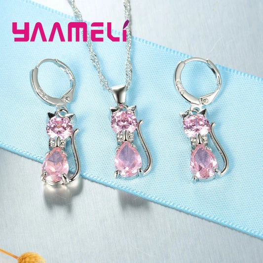 Luckacco Real 925 Sterling Silver Color Jewelry Sets for Woman Girls Shining Austrian Crystal Cute Cat Pendant Necklace Huggie Earring