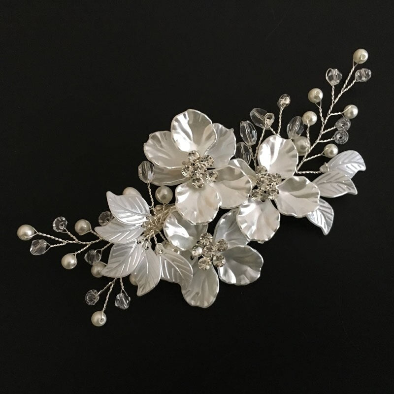 SLBRIDAL Handmade Silver Color Crystals Rhinestones Flower Leaf Wedding Hair Clip Barrettes Bridal Headpiece Hair accessories - luckacco