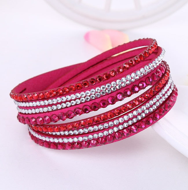 2016 New Leather Bracelet Rhinestone Crystal Bracelet Wrap Multilayer Bracelets for women feminino pulseras mulher Jewelry - luckacco