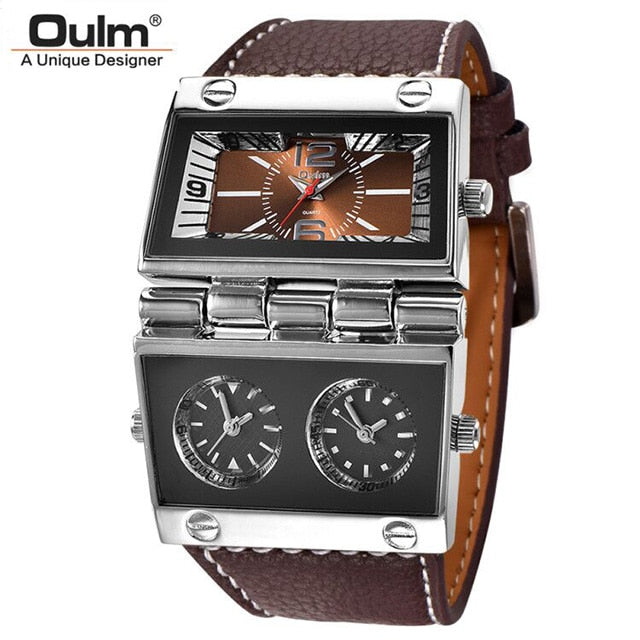 New Men Dual Display Sports Watches Oulm Men Watch Fold Big Size Fashion Outdoor Clock Leather Quartz Watch Relogio Masculino - luckacco