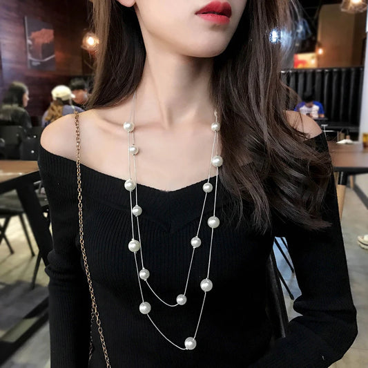Luckacco FSUNION 2025 New Long Double Layer Simulated Pearl Necklace Women Sweater Chain  Female Collares Statement Jewlery Gifts