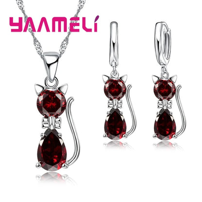 Luckacco Real 925 Sterling Silver Color Jewelry Sets for Woman Girls Shining Austrian Crystal Cute Cat Pendant Necklace Huggie Earring