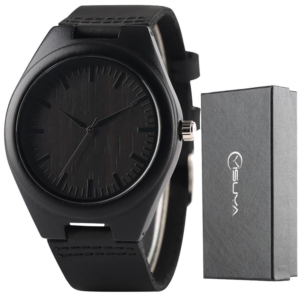 Men Watch Simple Bamboo Ebony Wood Watch Royal Blue Chic Black Quartz Watches Male Clock Hour Man Genuine Leather with Gifts Box - luckacco