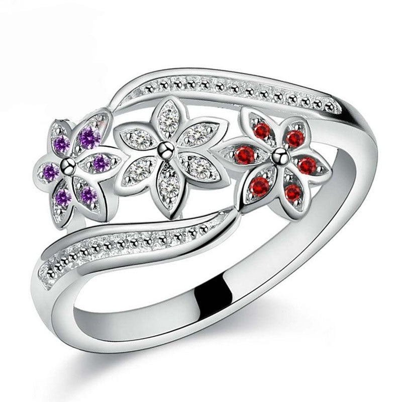 Funny Design Three Color CZ Crystal  Flower Ring Women Girls Fashion 925 Sterling Silver Ring Wedding Lady Jewelry - luckacco