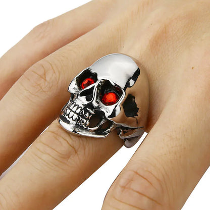 Luckacco Men's Solid Skull Ring Gothic Punk Biker Rider Red/Blue Eyes Vintage Stainless Steel Skeleton Finger Band Men Jewelry