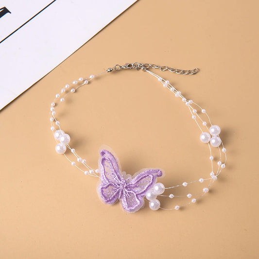 Luckacco Elegant Multilayer Pearl Choker Necklace Vintage Flower Butterfly Acrylic Chain Necklace For Women Fashion Wedding Jewelry Gift