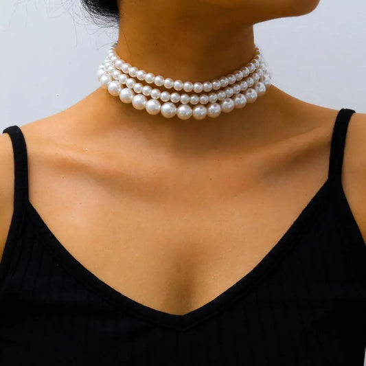 Luckacco Multi-Layer White Imitation Pearl Necklace Bead  Chain Punk Ladies Wedding Short Clavicle Necklac Girl Charm Banquet Jewelry