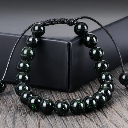 Luckacco Blue Sandstone Beads Bracelet for Women Men Goldstone Quartz Round Beads Bracelet Handmade Adjustable Rope Shining Wrist Jewelry
