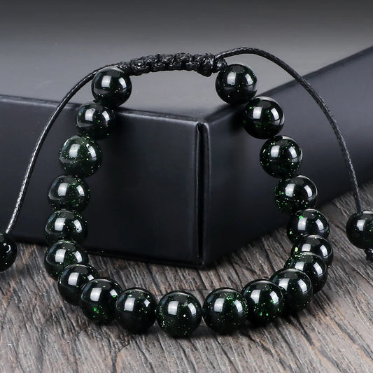 Luckacco Blue Sandstone Beads Bracelet for Women Men Goldstone Quartz Round Beads Bracelet Handmade Adjustable Rope Shining Wrist Jewelry