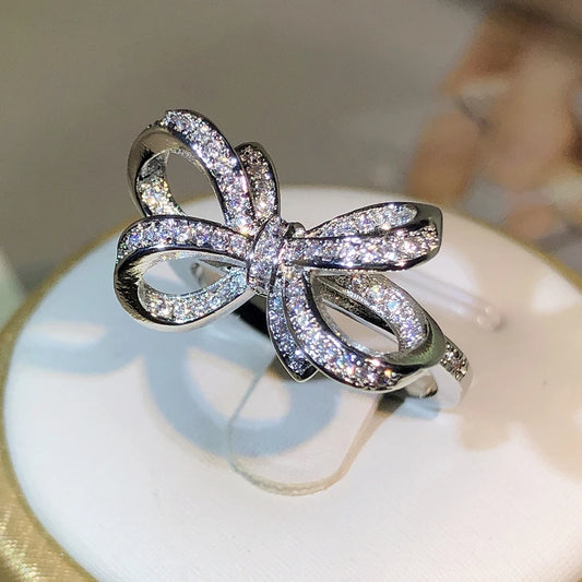 Luckacco 925 Sterling Silver Classic Big Bow Bow Bow Zircon Ring For Ladies Fashion Birthday Wedding Engagement Jewelry Gift