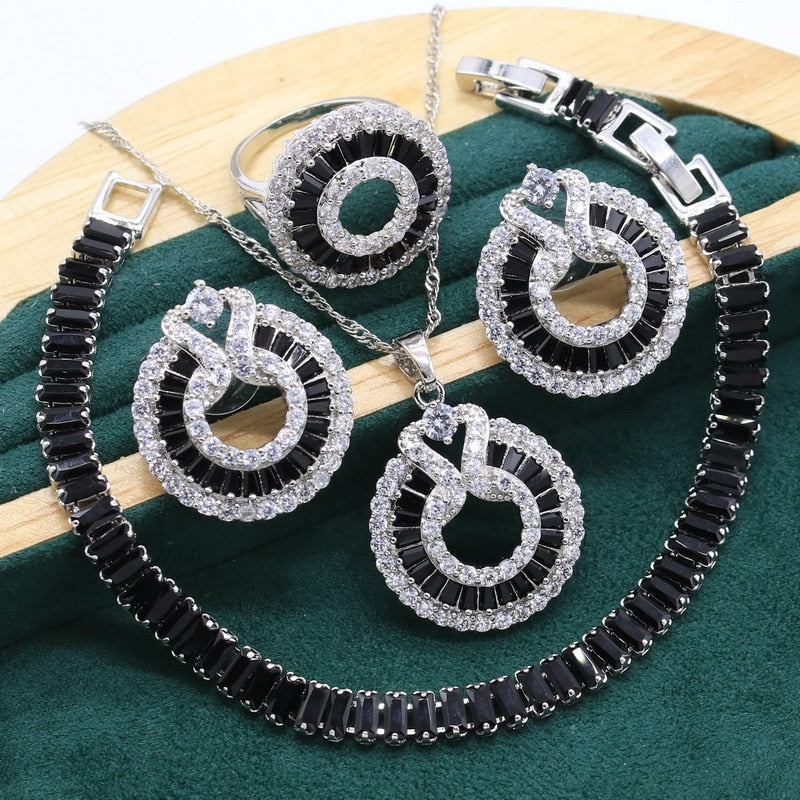 Silver Jewelry Set For Women Wedding Luxurious Black Crystal Bracelet Earrings Necklace pendant Ring Birthday Christmas Gift -  - Luckacco Jewelry and Watch Store