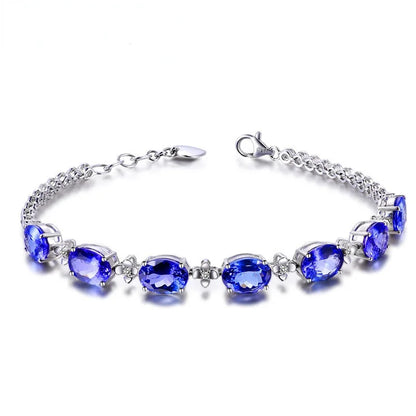 Luckacco Luxury 100% S925 Silver Bracelets For Woman With Blue Sapphire Gemstone Lady Fine Jewelry  Gift