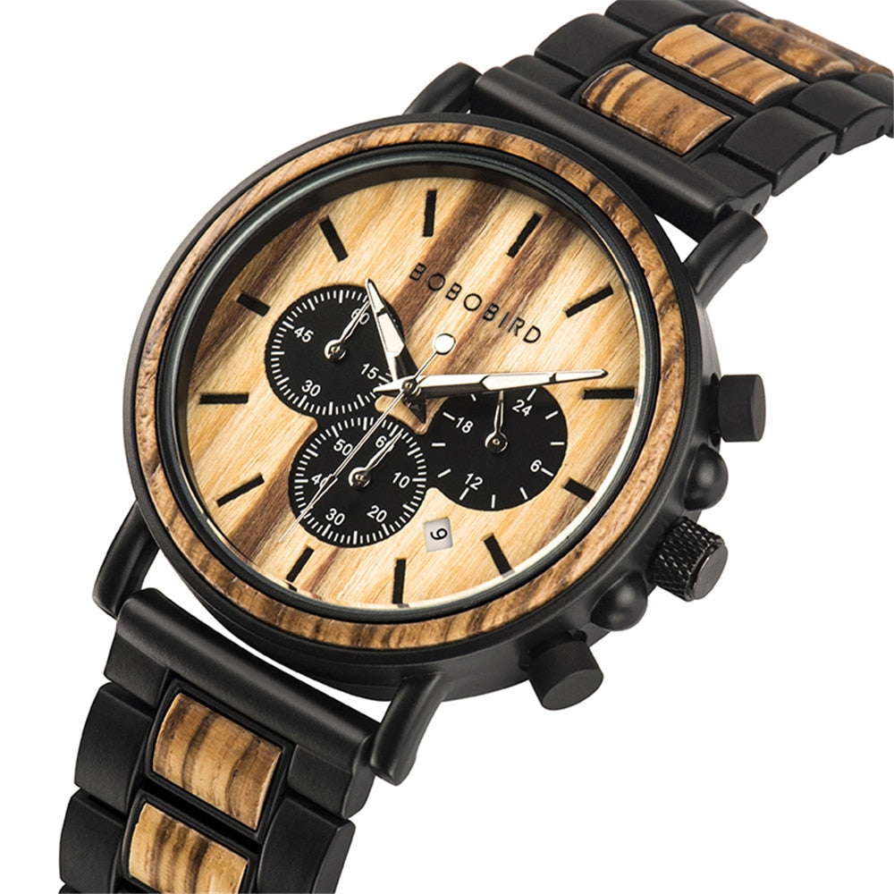 BOBO BIRD Wood Men Watch Relogio Masculino Top Brand Luxury Stylish Chronograph Military Watches Timepieces in Wooden Gift Box - luckacco