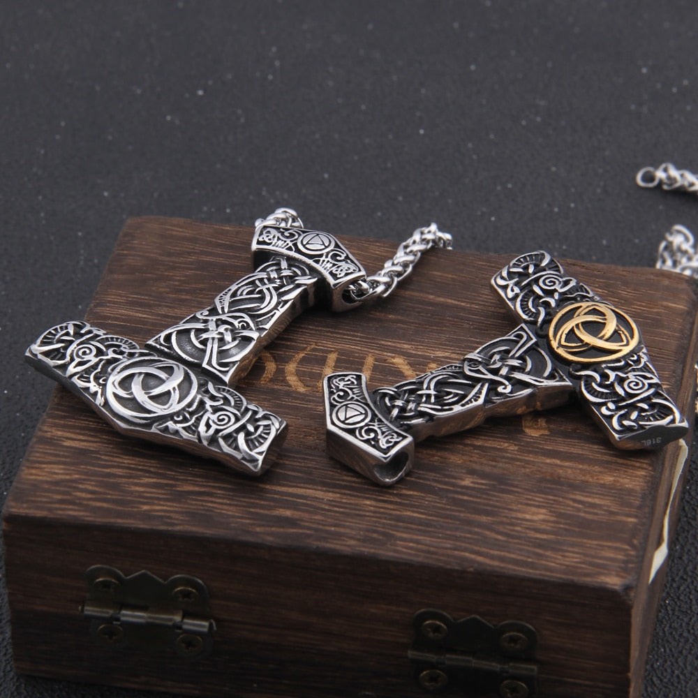 Never Fade Mix Gold color thor's hammer necklace viking scandinavian Odin viking necklace Men Stainless Steel gift - luckacco