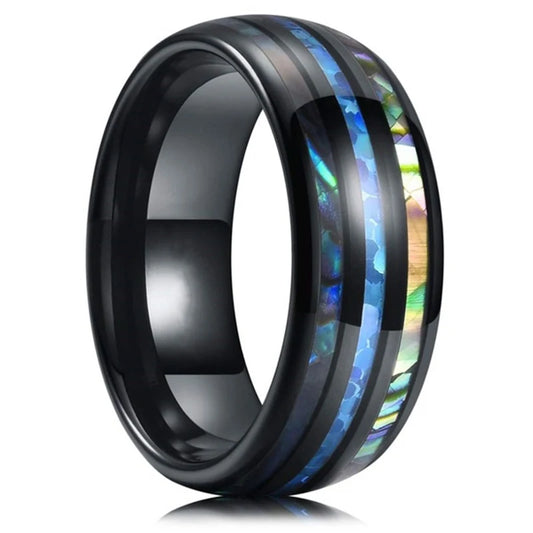 Luckacco Fashion 8mm Men Stainless Steel Rings Inlay Meteorite Abalone Shell Rings For Men Women Wedding Engagement Band Jewelry Gift