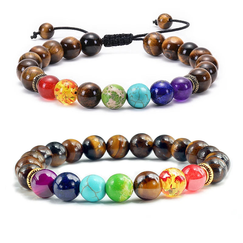 luckacco 7 chakra beads natural lava tiger eye stone bracelet for women men healing balance therapy bracelets jewelry prayer adjustable