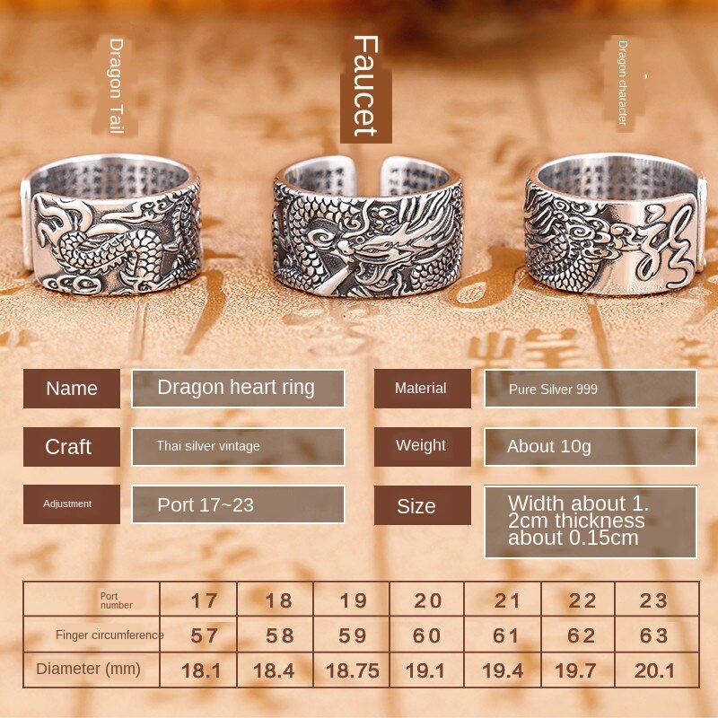 S990 pure Silver rings for men and women retro craft Thai silver 2020 new fashion ring men's Heart Sutra opening Dragon Ring - luckacco