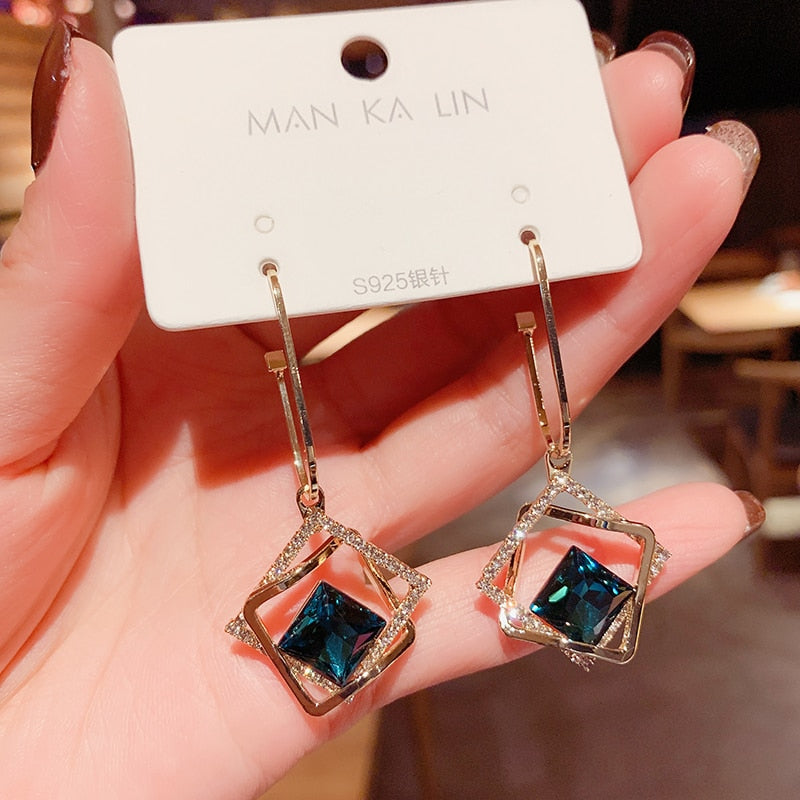 Korean fashionable temperament hollow-out geometric blue crystal earring new fashionable personality exaggerated earrings female - luckacco
