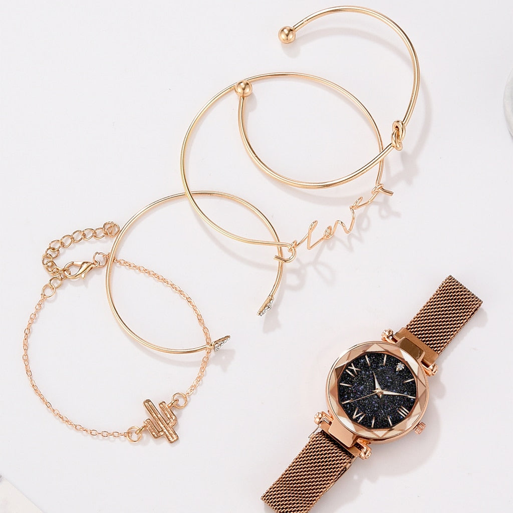 Luxury Brand Rose Gold Starry Sky Dial Watches Women Ladies Crystal Bracelet Quartz Wrist Watch 5 PCS Set Relogio Feminino - luckacco
