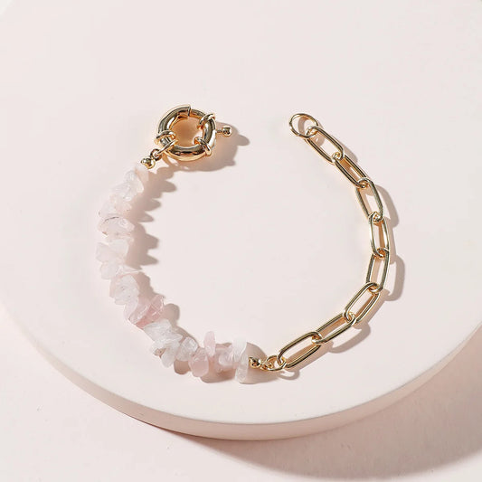 Luckacco Women Fashion Half Stainless Steel Chain Half Purple Natural Crushed Stone Bracelet HD127