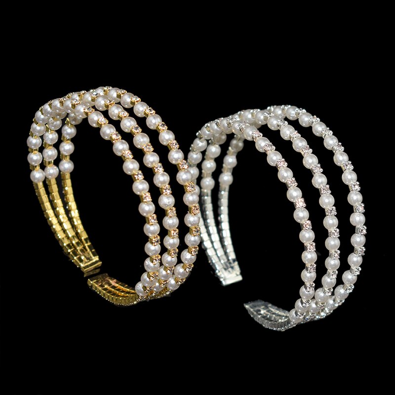Fashion Woman Crystal Pearl Bracelet Layer Gold Silver Plated Open Bracelet Crystal Bangles Pulseras Mujer Bridal Jewelry Gift - luckacco