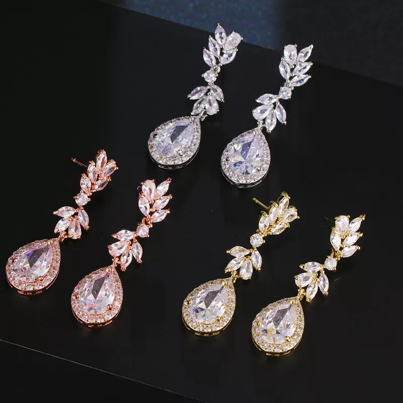 Ekopdee Luxury Flower Cubic Zirconia Bridal Earrings For Women Trendy Crystal Bling Drop Earrings  Wedding Jewelry 2021 New