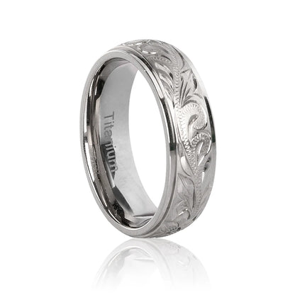 Luckacco G23 Titanium Wedding Rings with Hand Floral Engraved,Wedding Band CZ Bezzel Setting, Engagement Anniversary Ring Comfort Fit