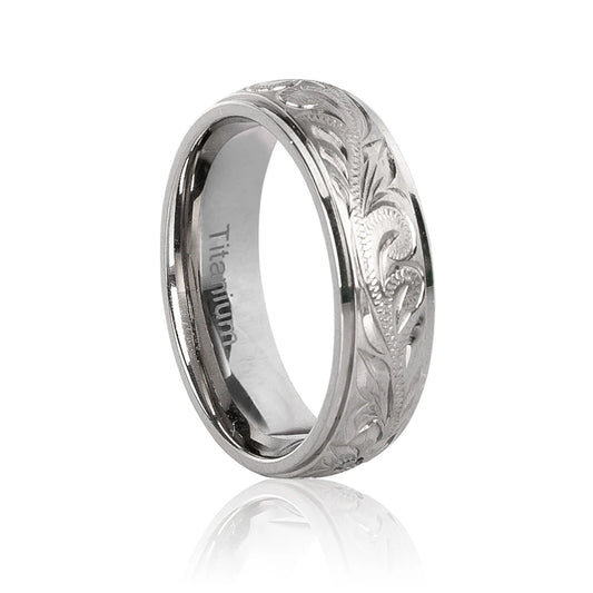 Luckacco G23 Titanium Wedding Rings with Hand Floral Engraved,Wedding Band CZ Bezzel Setting, Engagement Anniversary Ring Comfort Fit