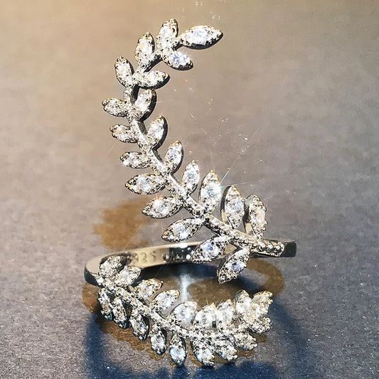 Luckacco daily picks Graceful Leaves Both End of Open Ring Silver Color Girl Cocktail Party Rings Shine Crystal Zircon Fashion Women Jewelry