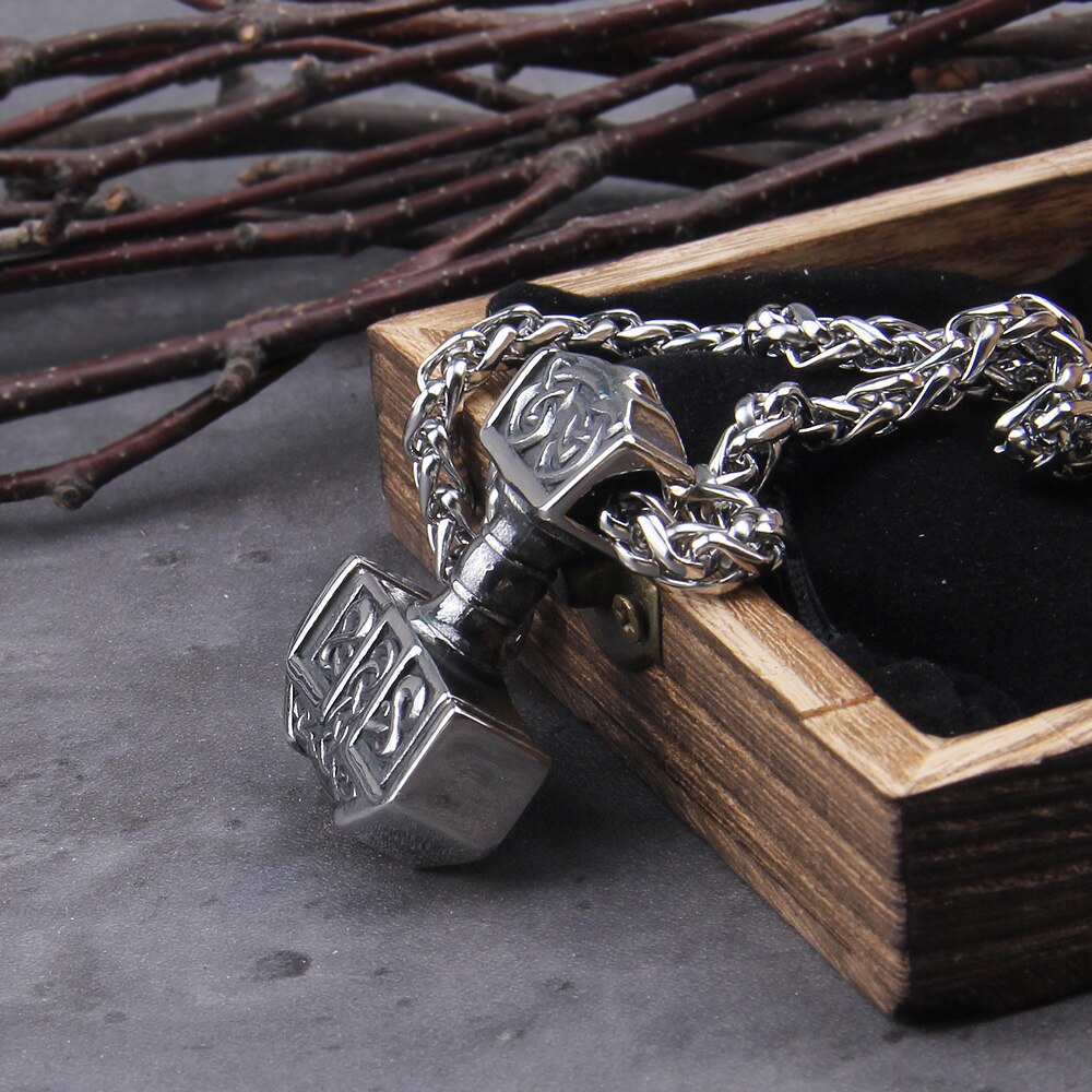 Stainless Steel Thor's Hammer Necklace Viking Necklace with Celtic-knot  For Men Jewelry Talisman with wooden box as gift - luckacco