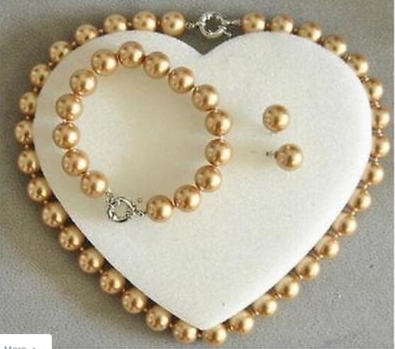 Jewelry Rare 10mm Real South Sea Golden Shell Pearl Necklace Bracelet Earrings Set AAA - luckacco