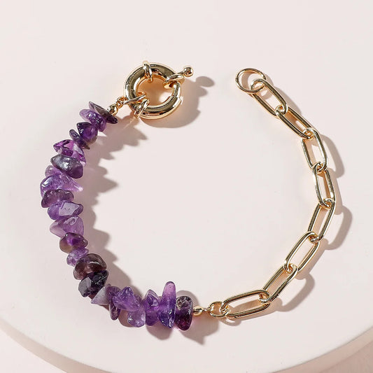 Luckacco Women Fashion Half Stainless Steel Chain Half Purple Natural Crushed Stone Bracelet HD127