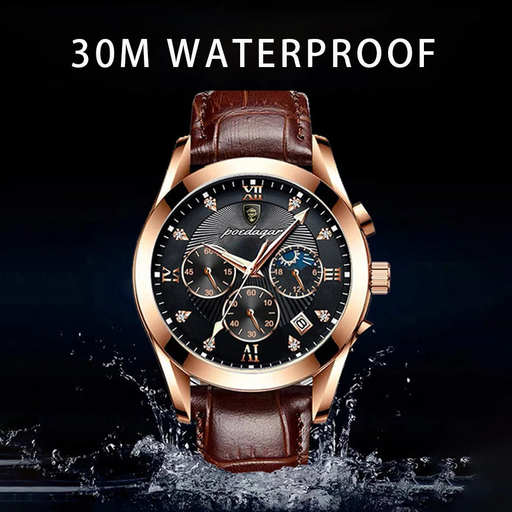 luckacco poedagar men watch new top brand luxury waterproof luminous sport wristwatch quartz military genuine leather relogio masculino