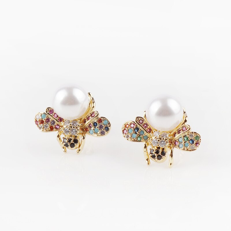 New Arrival Colorful Cubic Zirconia Stone Insect Honey Bee Pearl Earring Fashion Rainbow CZWomen Earrings - luckacco