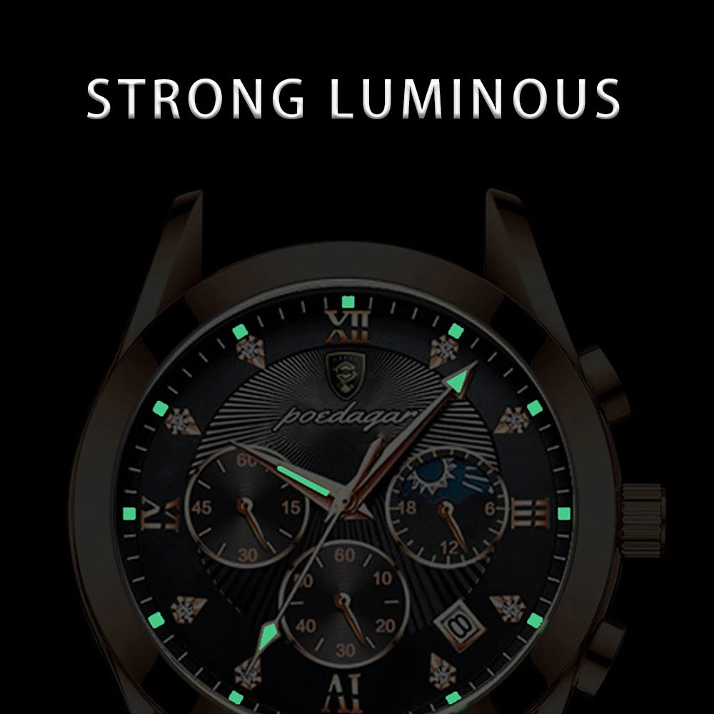 luckacco poedagar men watch new top brand luxury waterproof luminous sport wristwatch quartz military genuine leather relogio masculino