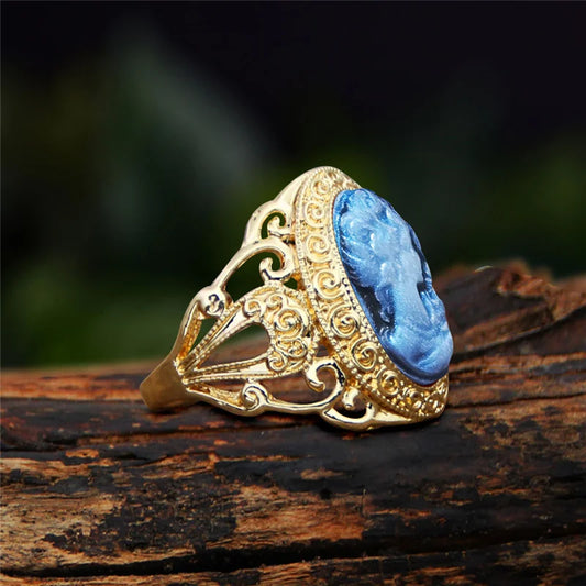 Luckacco 6 Colors Lady Queen Cameo Rings For Women Gold Color Pink Blue Gray Fashion Hollow Flower Lady Cameo Ring