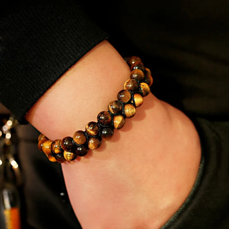 luckacco fashion men tiger eye natutal stone beaded braided bracelet bangles handmade double layer lapis lazuli bracelets hommes