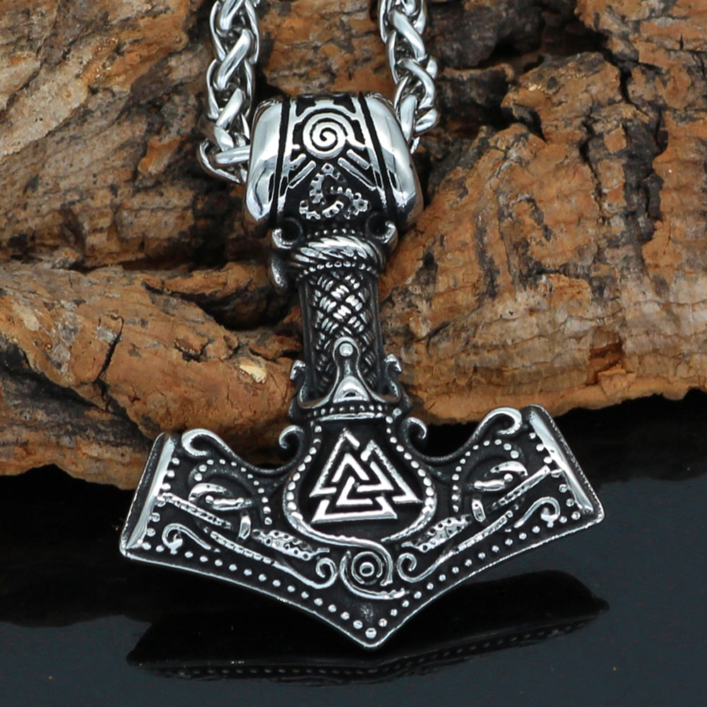 Nordic Stainless Steel Mjolnir Valknut Rune Scandinavian Viking Necklace With Valknut Gift Bag - luckacco