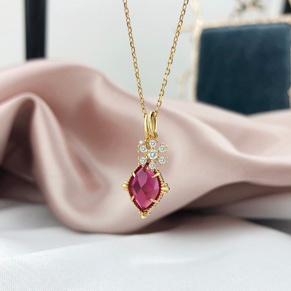 LAMOON 925 Sterling Silver Necklace For Women Olive shape Red Corundum Pendant Necklace 14K Gold Plated Vintage Jewelry LMNI094 - luckacco
