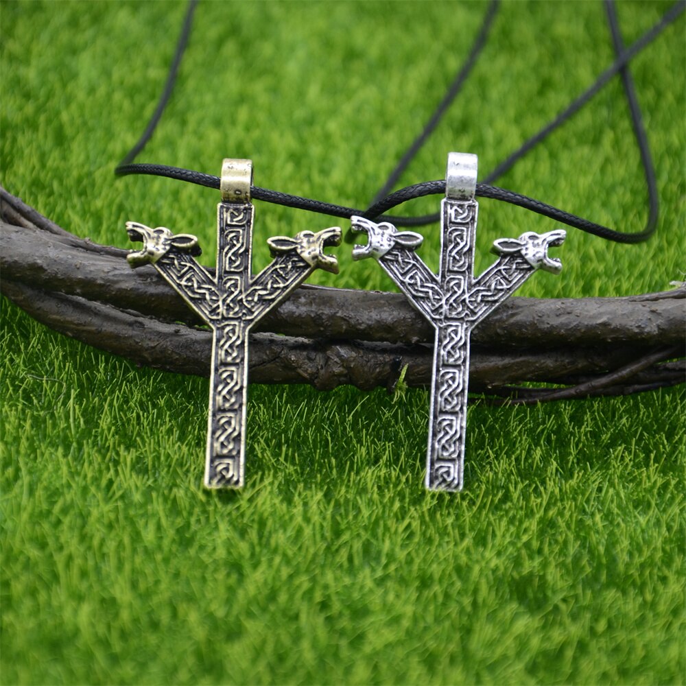 Norse Runes Algiz Protection Amulet Wolf Heads Talisman Viking Necklace Pendant Jewelry - luckacco