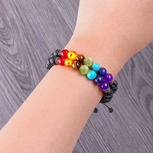 Luckacco 7 Chakra Beads Natural Lava Tiger Eye Stone Bracelet For Women Men Healing Balance Therapy Bracelets Jewelry Prayer Adjustable