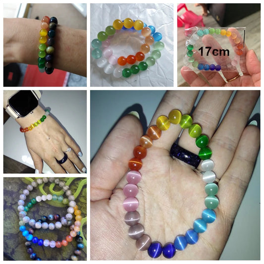 Luckacco 8mm Cat Eye Stone Beads Bracelet Fashion Natural Stone Cute Pink Chromatic Bead Bracelet Bangle for Women Jewelry Gifts Pulseira