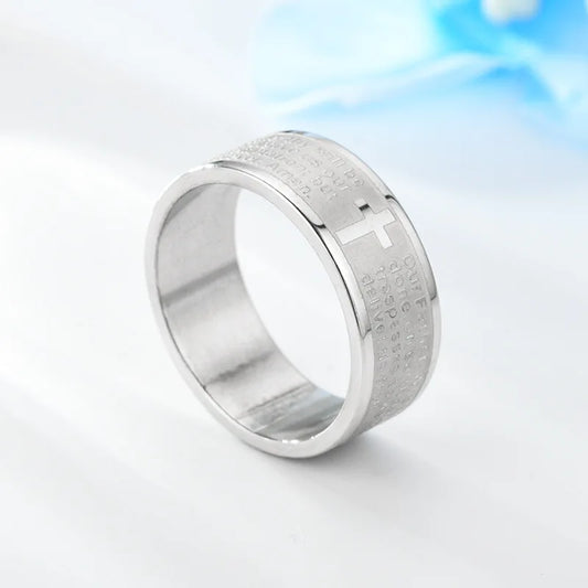 Luckacco Titanium Stainless Steel Cross Ring Russian Orthodox Bible Bible Lord's Prayer Ring Ladies Men Christian Jewelry Gifts