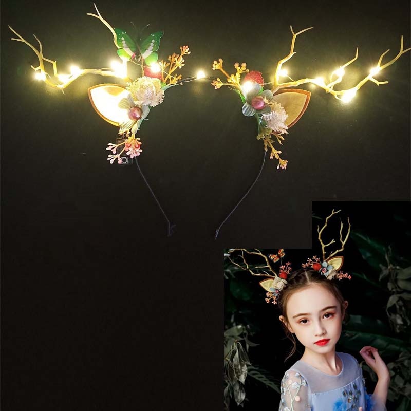 LED Reindeer Antlers Headband  Deer Ear Flower Crown Hair Clip Party Hairband Gift  Birthday Luminous  Festival  Halloween - luckacco