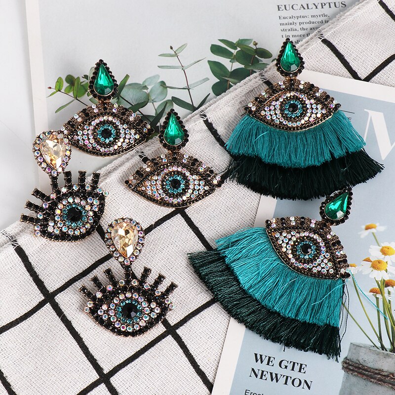 Wholesale JUJIA Ethnic Turkish Eye Beads Tassel Dangle Earrings For Women Boho Exaggerate Statement Jewelry Crystal Earring - luckacco