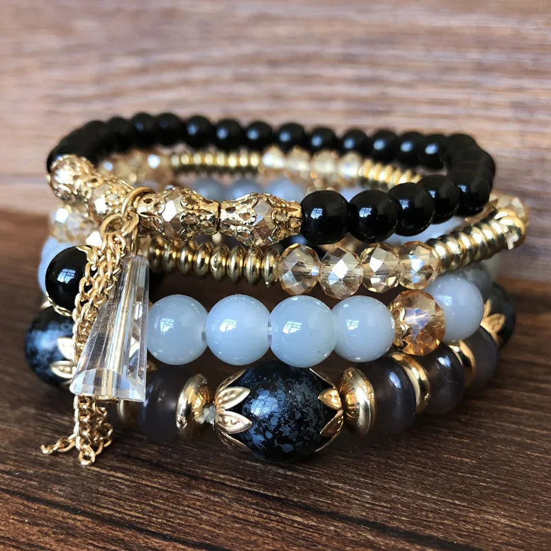 luckacco bohemian 4pcs crystal multi-layer beaded bracelet for women sweet girls colorful round shape jewelry friendship  gifts